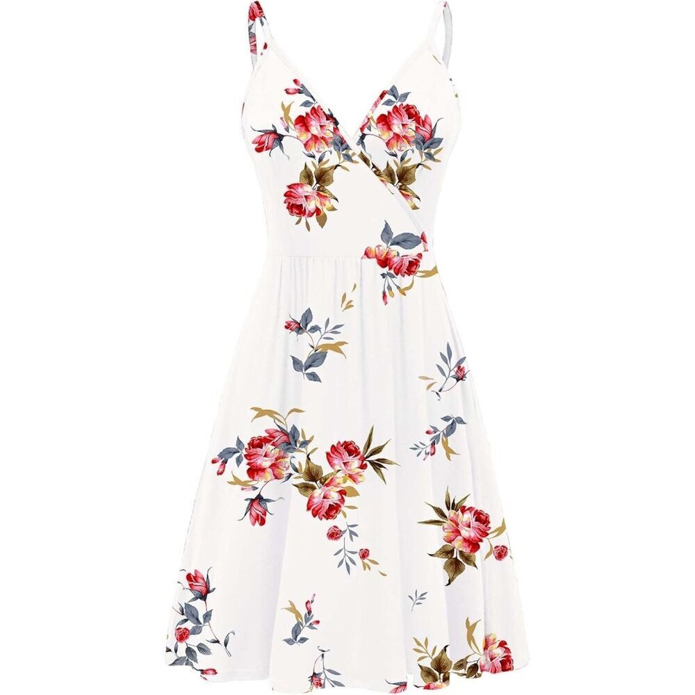 Women's Floral White V Neck Spaghetti Strap Flowy Mini Dress with Pockets - Picture 3 of 5